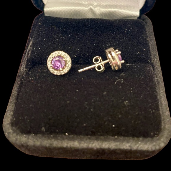 Epiphany platinum clad Diamonique halo earrings light purple stones. - Picture 2 of 2